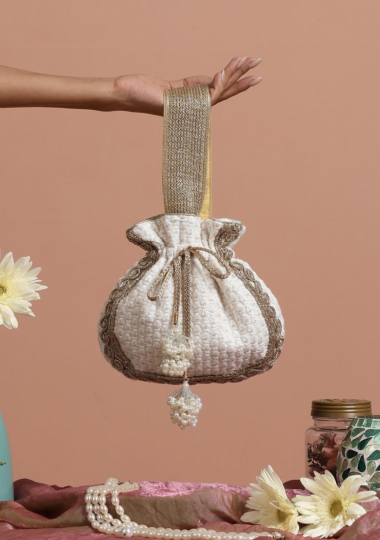 White And Golden Sequin Embellished Potli Bag