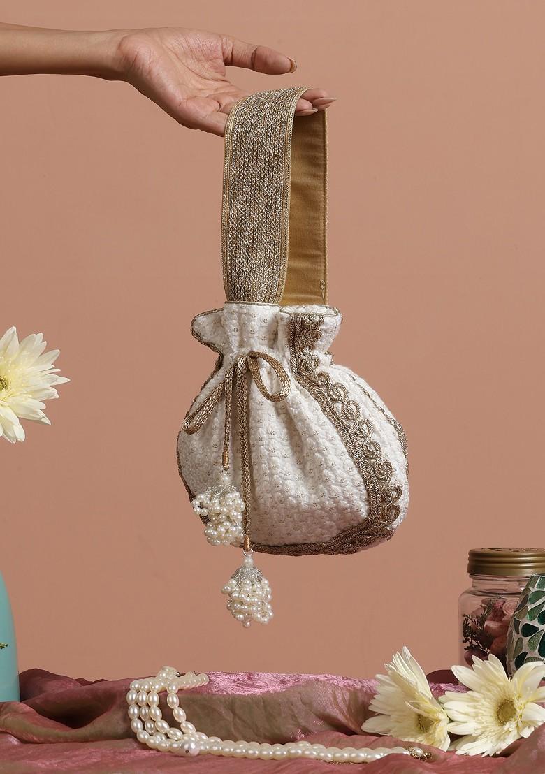 White And Golden Sequin Embellished Potli Bag