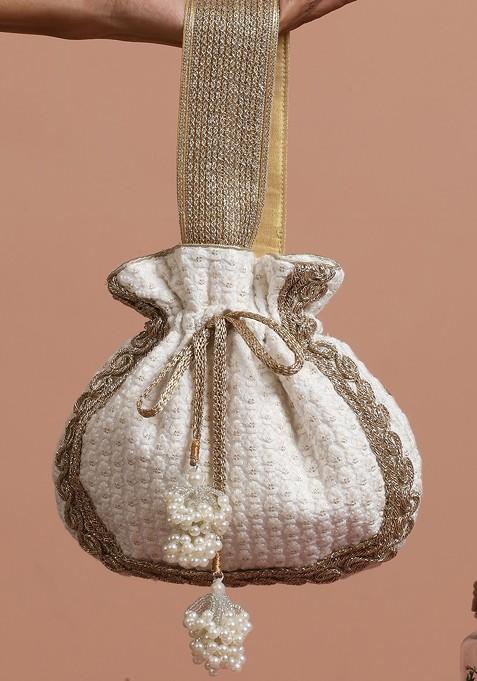 White And Golden Sequin Embellished Potli Bag