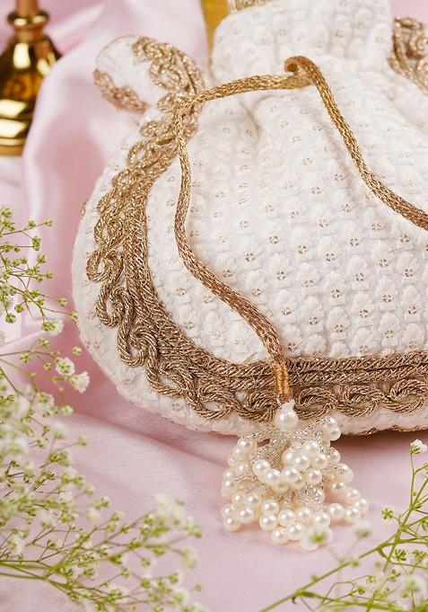 White And Golden Sequin Embellished Potli Bag