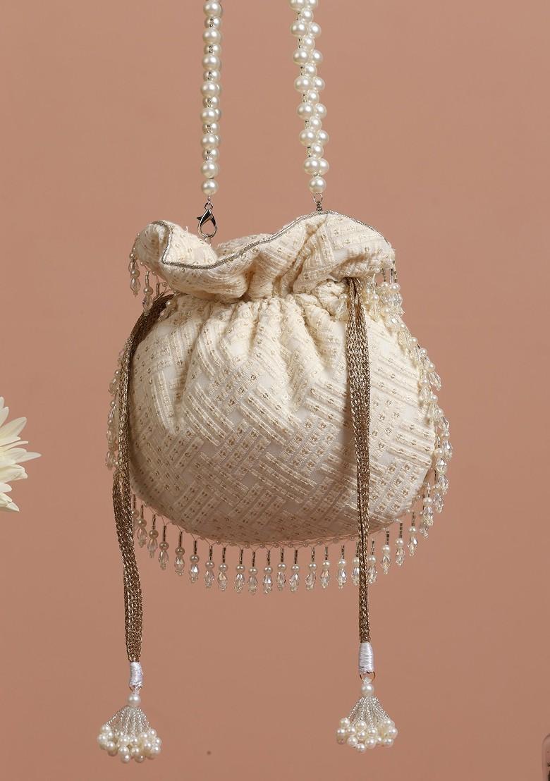 White And Golden Sequin Embellished Potli Bag