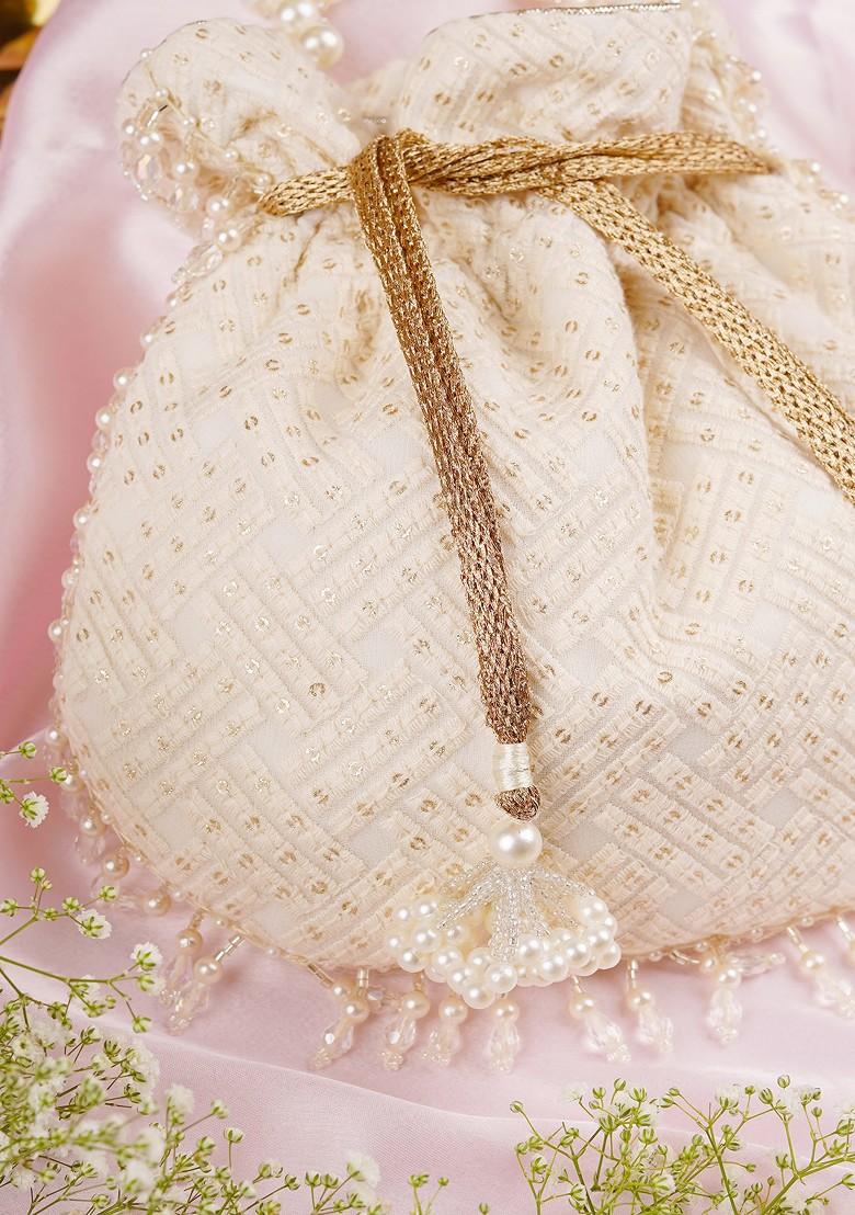 White And Golden Sequin Embellished Potli Bag