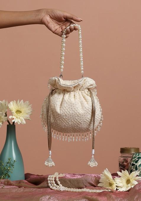 White And Golden Sequin Embellished Potli Bag