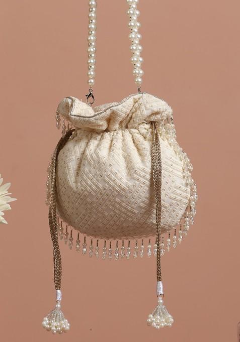 White And Golden Sequin Embellished Potli Bag