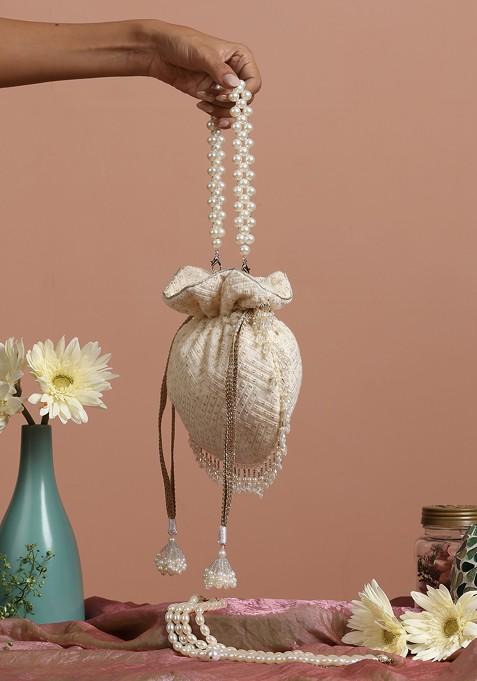 White And Golden Sequin Embellished Potli Bag