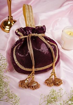 Wine And Golden Georgette Sequin Embellished Potli Bag