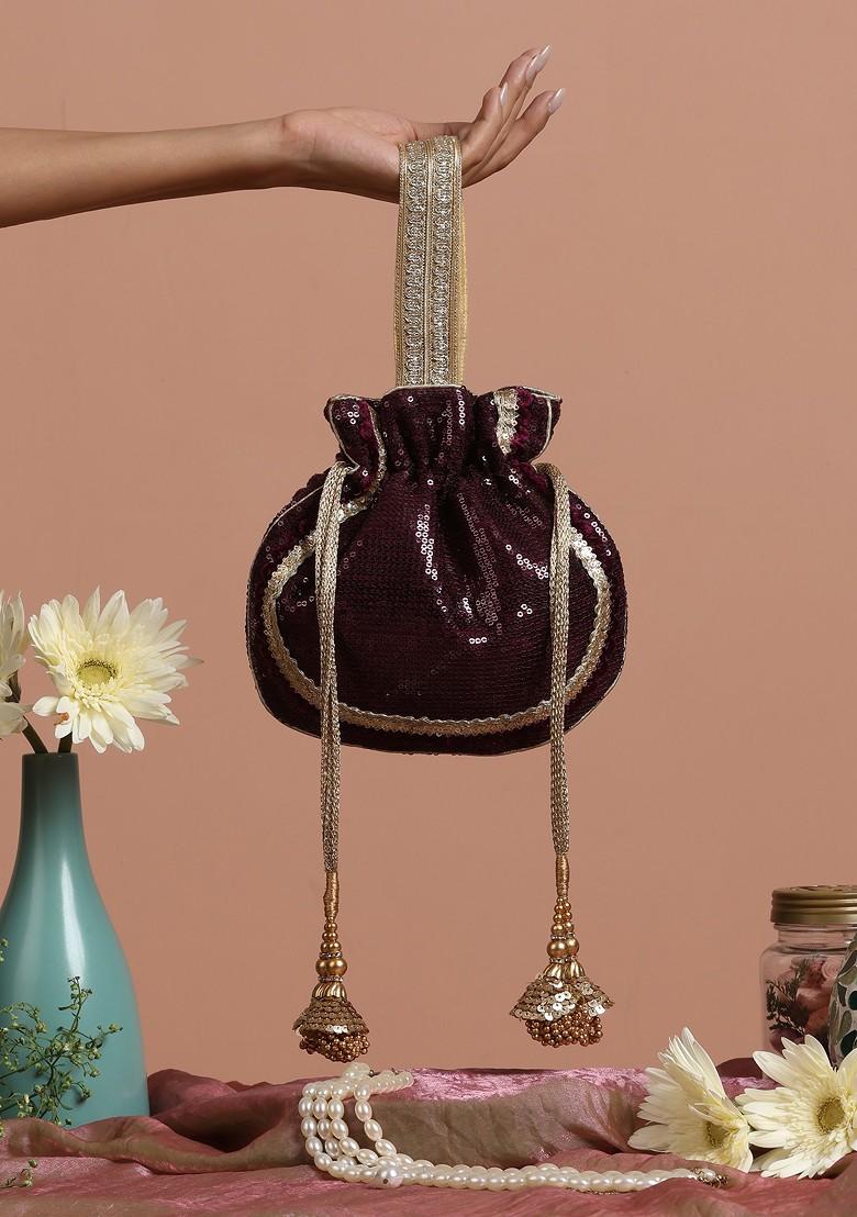 Wine And Golden Georgette Sequin Embellished Potli Bag