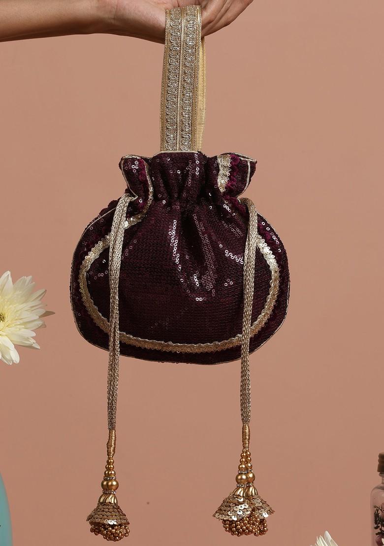 Wine And Golden Georgette Sequin Embellished Potli Bag