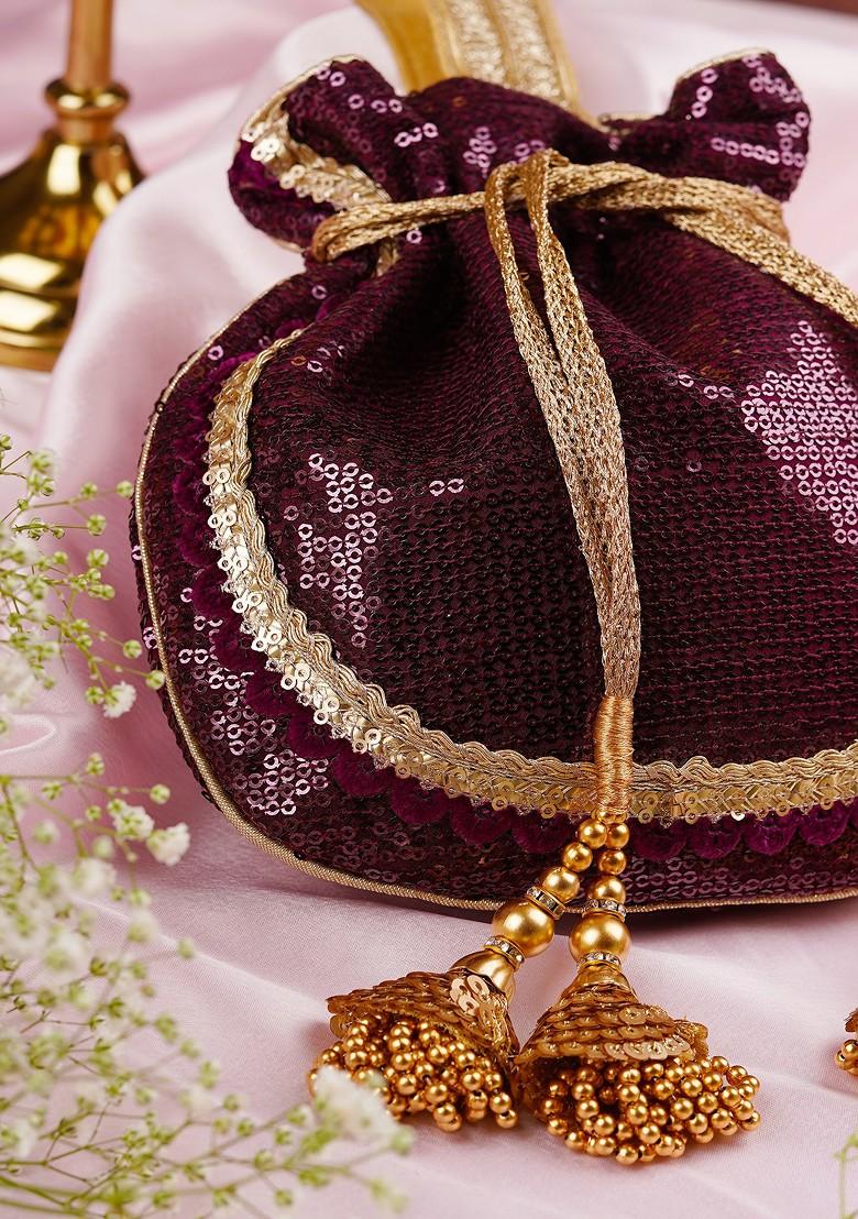 Wine And Golden Georgette Sequin Embellished Potli Bag