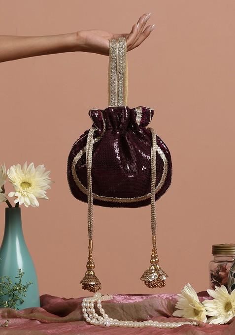 Wine And Golden Georgette Sequin Embellished Potli Bag