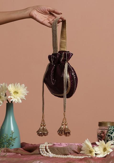 Wine And Golden Georgette Sequin Embellished Potli Bag