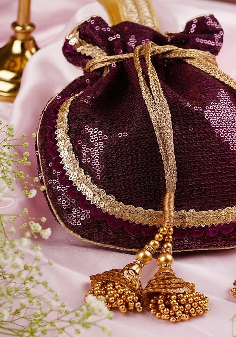 Wine And Golden Georgette Sequin Embellished Potli Bag