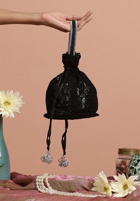 Black Georgette Embroidered Potli Bag