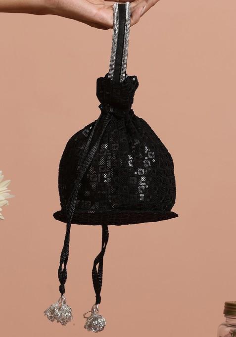 Black Georgette Embroidered Potli Bag