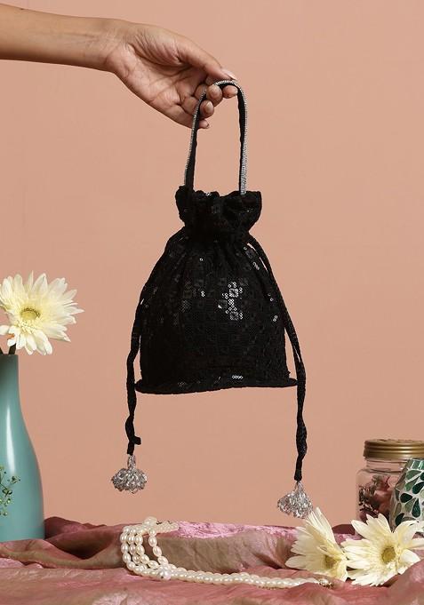 Black Georgette Embroidered Potli Bag
