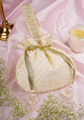 Yellow Pure Chinon With Cutdana Potli Bag