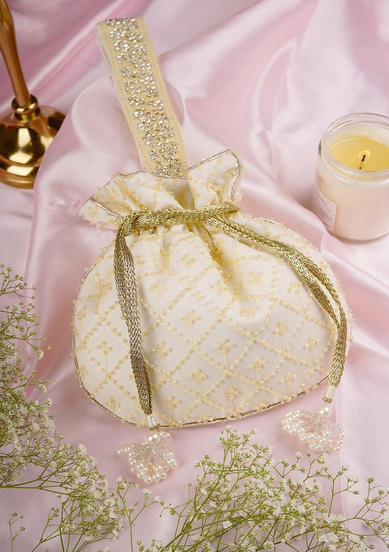 Yellow Pure Chinon With Cutdana Potli Bag