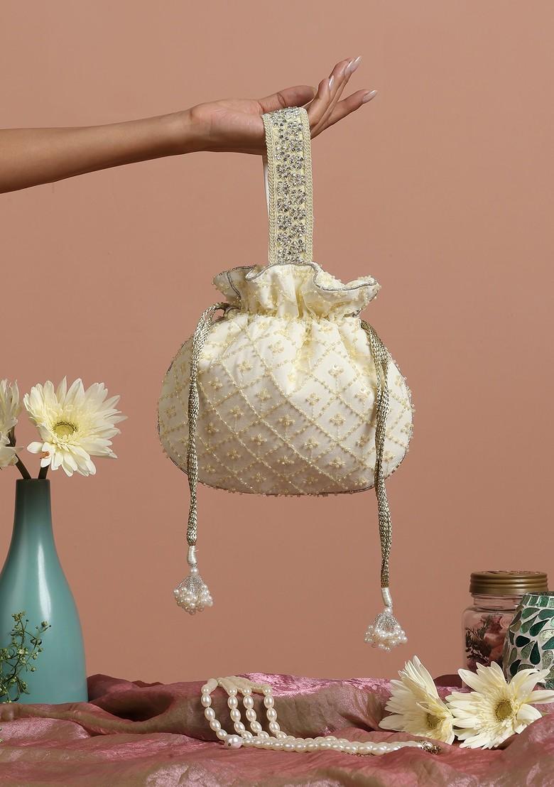 Yellow Pure Chinon With Cutdana Potli Bag