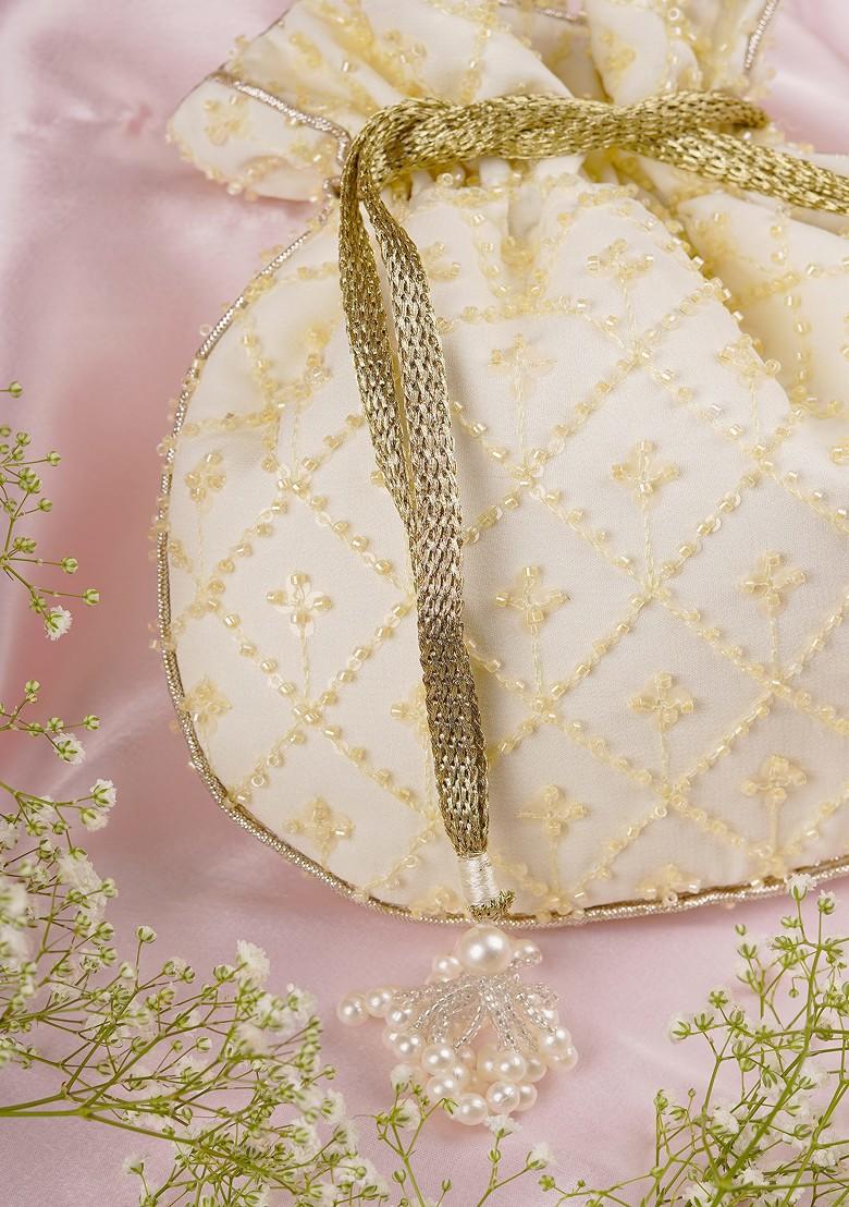 Yellow Pure Chinon With Cutdana Potli Bag