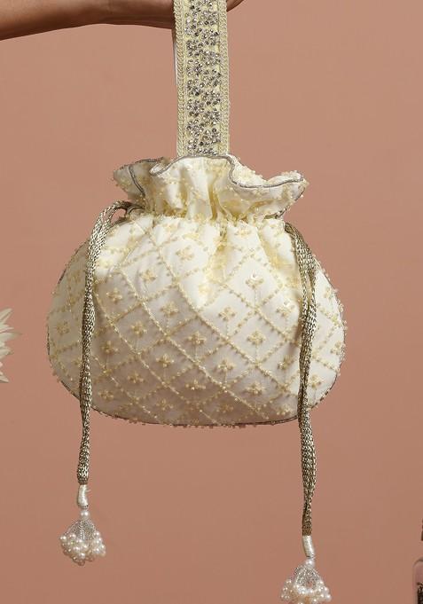 Yellow Pure Chinon With Cutdana Potli Bag