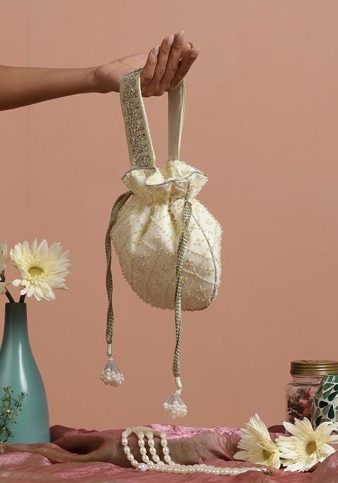 Yellow Pure Chinon With Cutdana Potli Bag