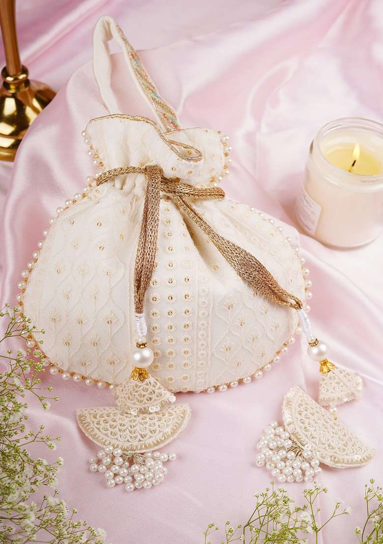White Georgette Golden Sequin Embellished Potli Bag - Indya