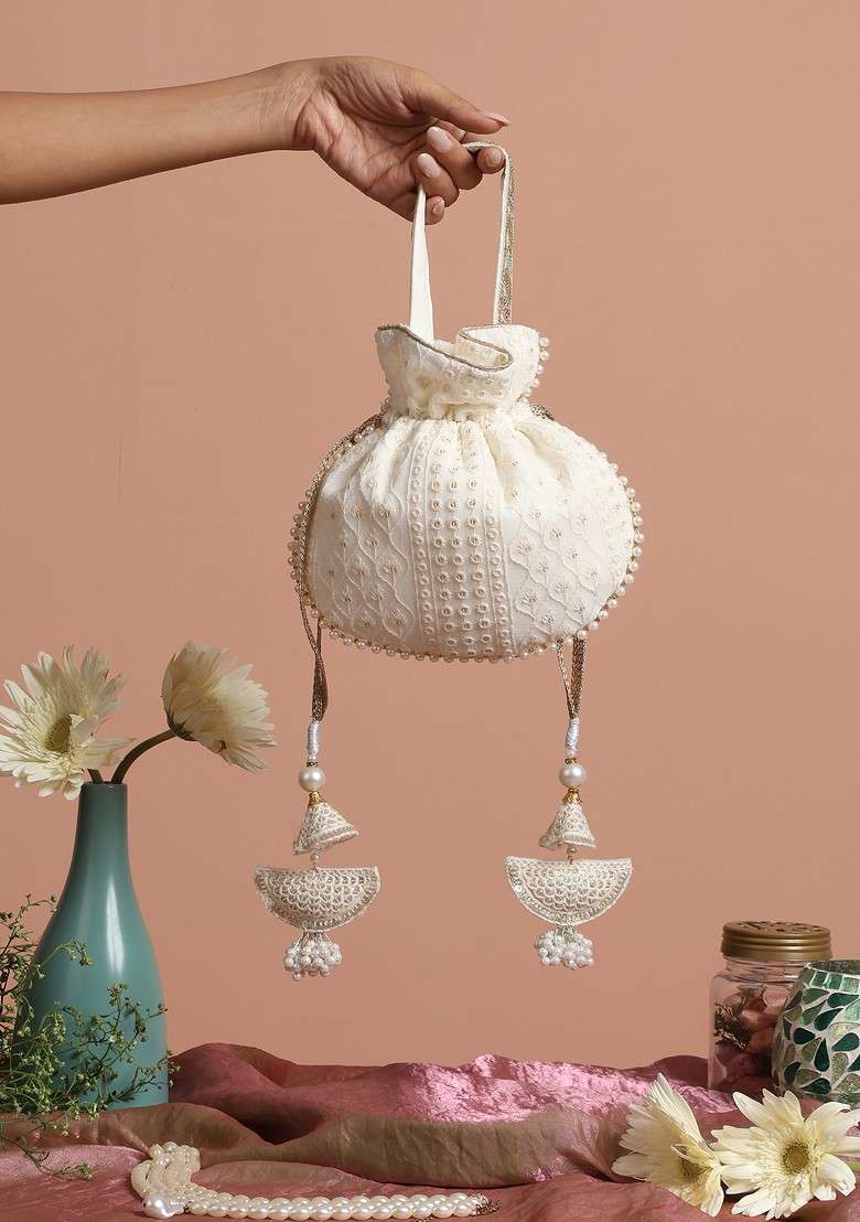 White Georgette Golden Sequin Embellished Potli Bag - Indya