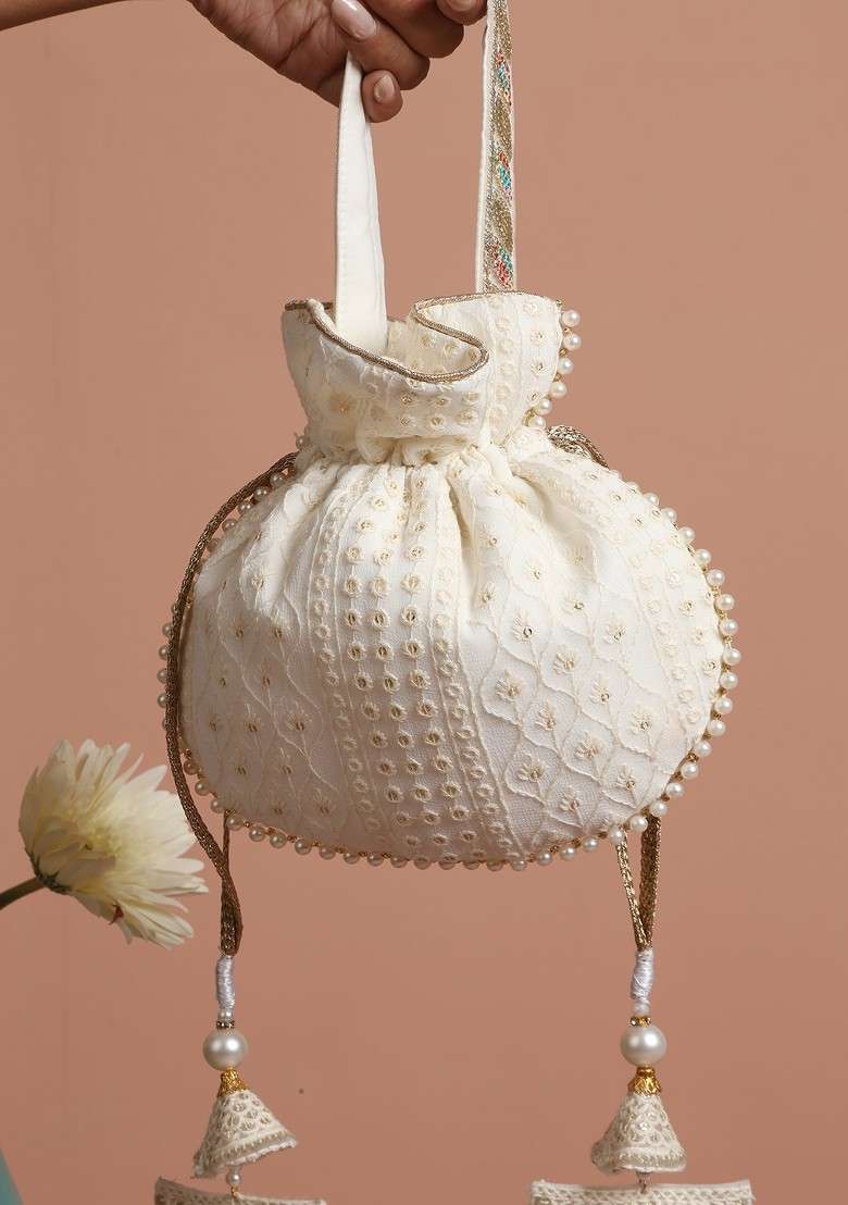 White Georgette Golden Sequin Embellished Potli Bag - Indya