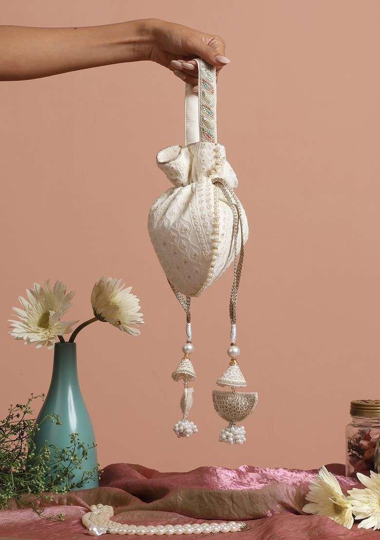 White Georgette Golden Sequin Embellished Potli Bag - Indya