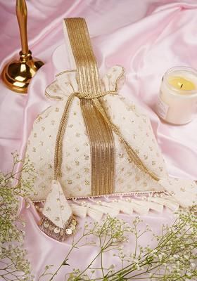 White Georgette Golden Sequin Embellished Potli Bag