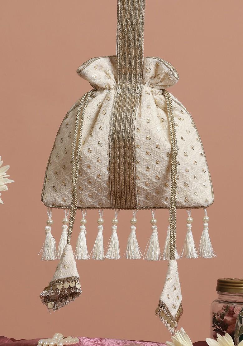 White Georgette Golden Sequin Embellished Potli Bag
