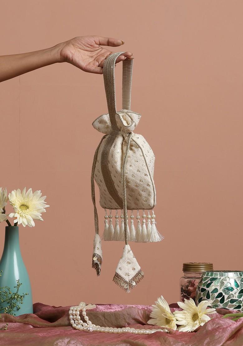 White Georgette Golden Sequin Embellished Potli Bag
