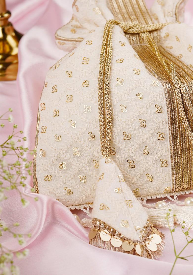 White Georgette Golden Sequin Embellished Potli Bag