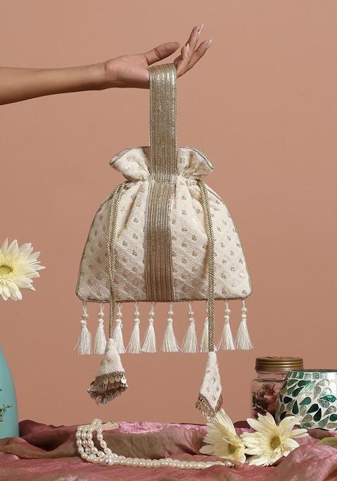 White Georgette Golden Sequin Embellished Potli Bag