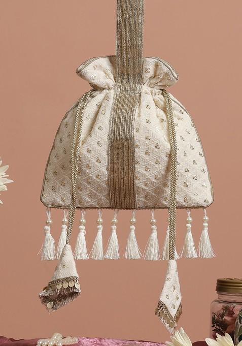 White Georgette Golden Sequin Embellished Potli Bag