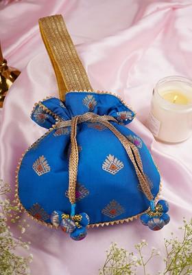 Blue And Golden Brocade Potli Bag