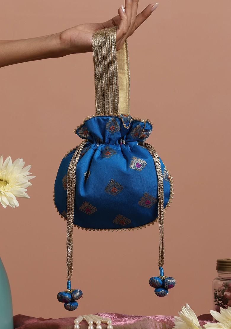 Blue And Golden Brocade Potli Bag