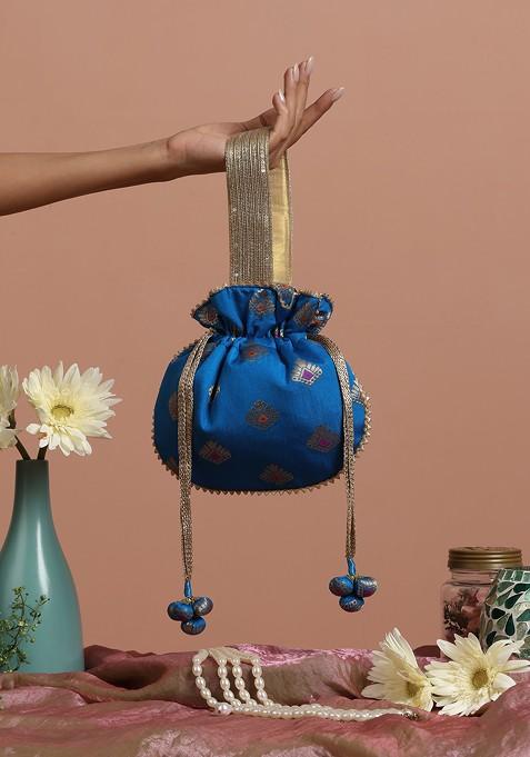 Blue And Golden Brocade Potli Bag