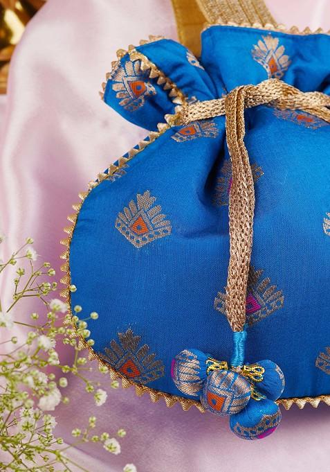 Blue And Golden Brocade Potli Bag
