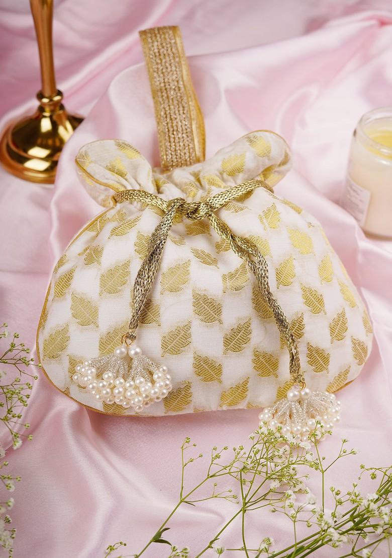 Golden And White Chanderi Potli Bag