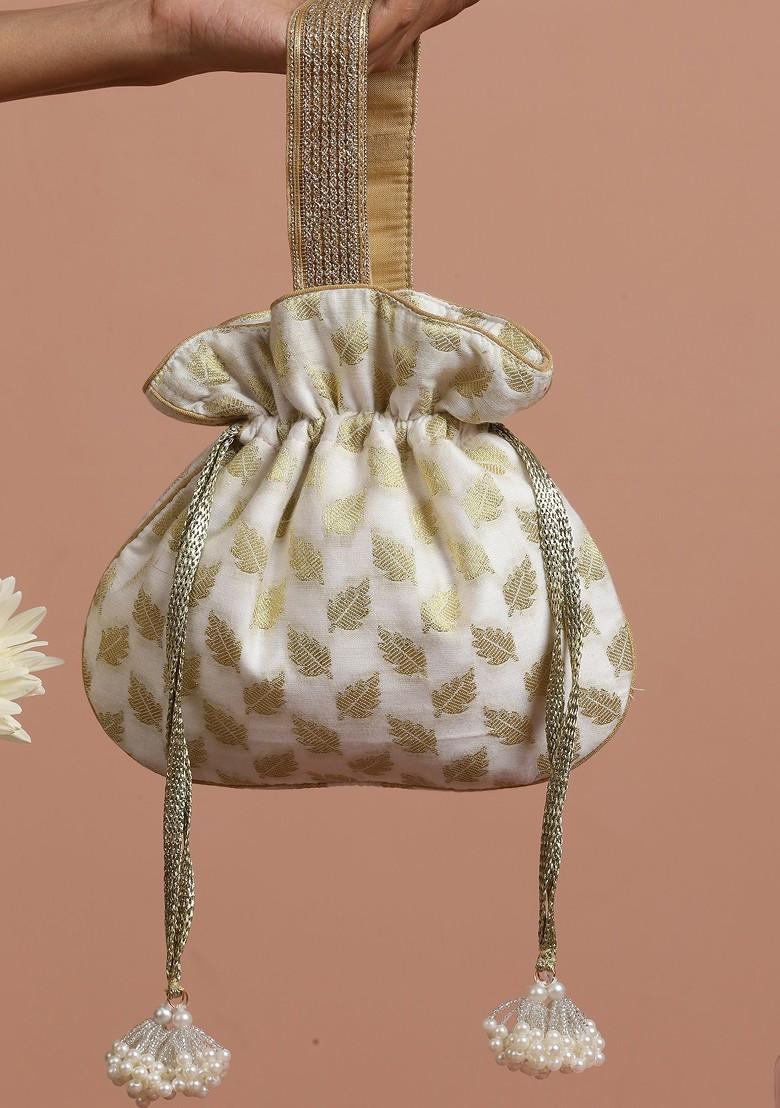 Golden And White Chanderi Potli Bag