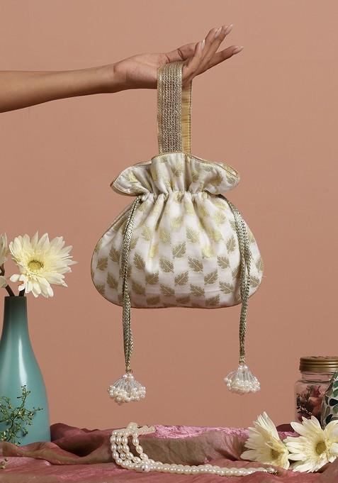 Golden And White Chanderi Potli Bag