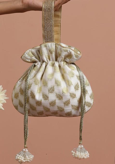 Golden And White Chanderi Potli Bag