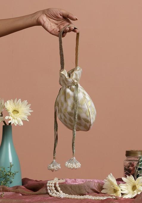 Golden And White Chanderi Potli Bag
