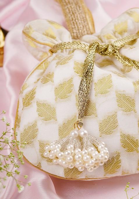 Golden And White Chanderi Potli Bag