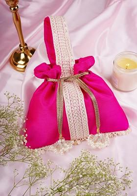 Magenta And White Silk Potli Bag