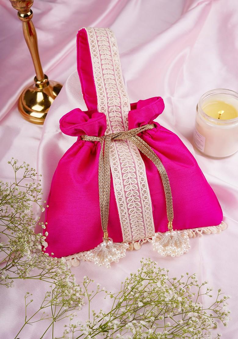 Magenta And White Silk Potli Bag