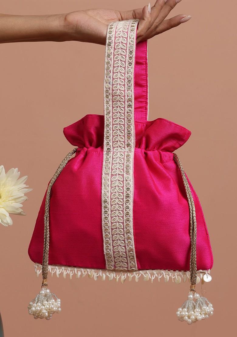 Magenta And White Silk Potli Bag