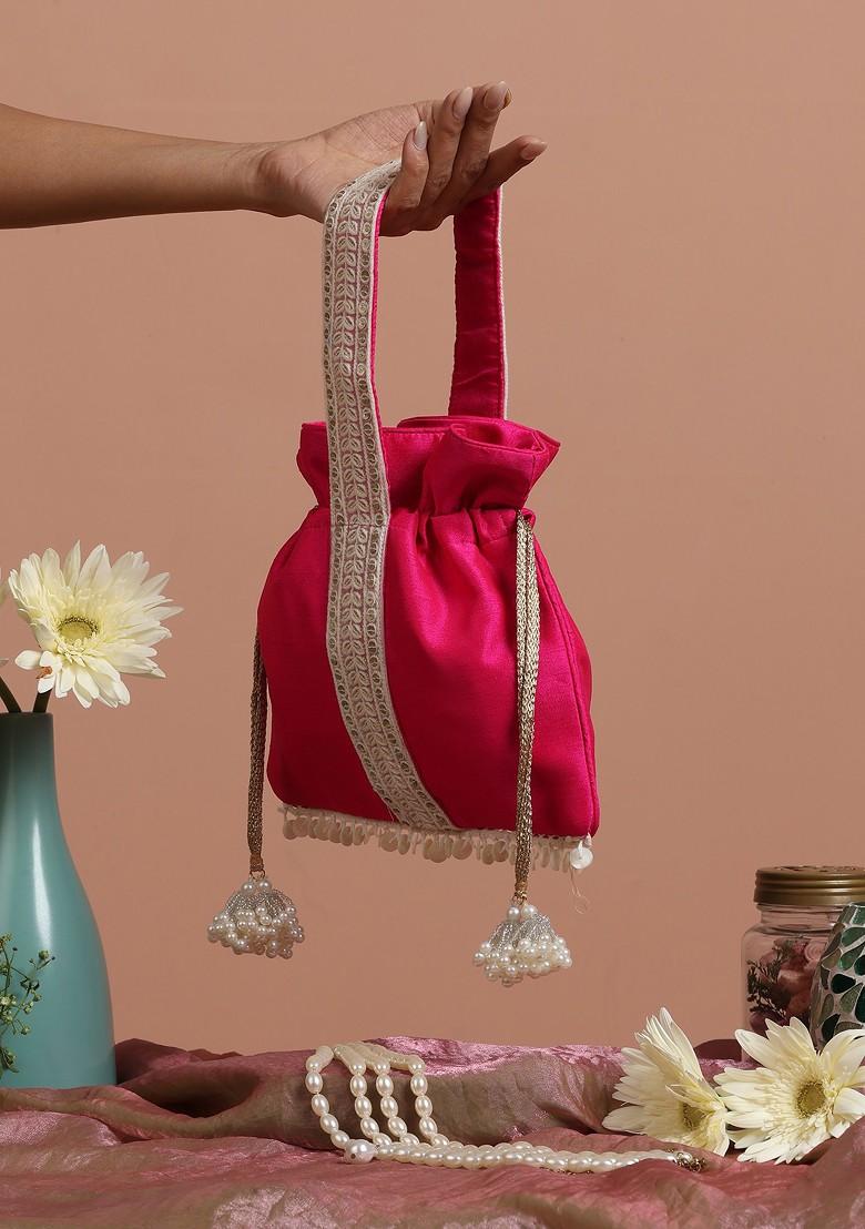 Magenta And White Silk Potli Bag
