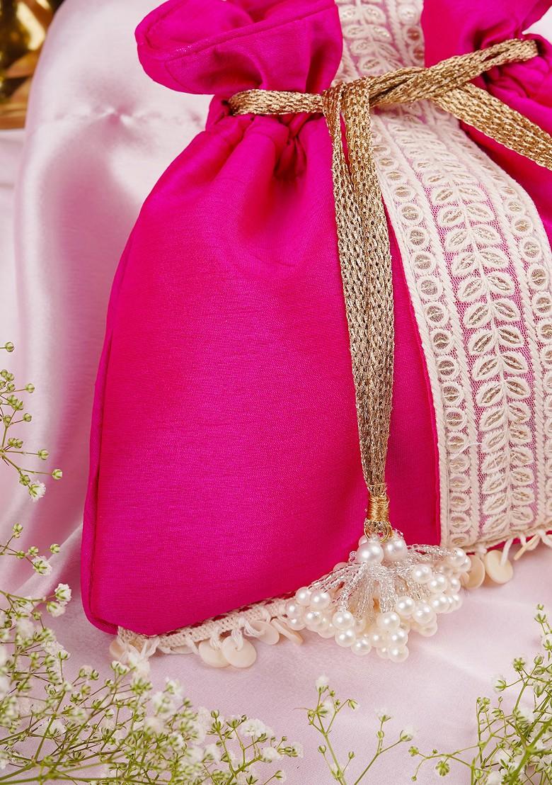 Magenta And White Silk Potli Bag